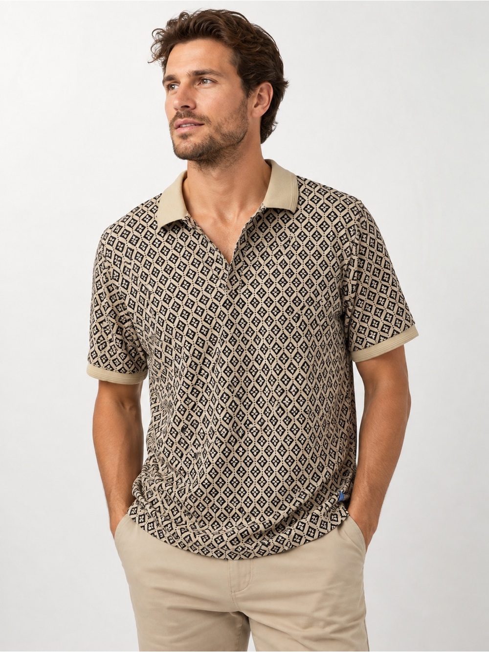 Scotch & Soda Men’s Geometric Print Polo Shirt Beige & Black